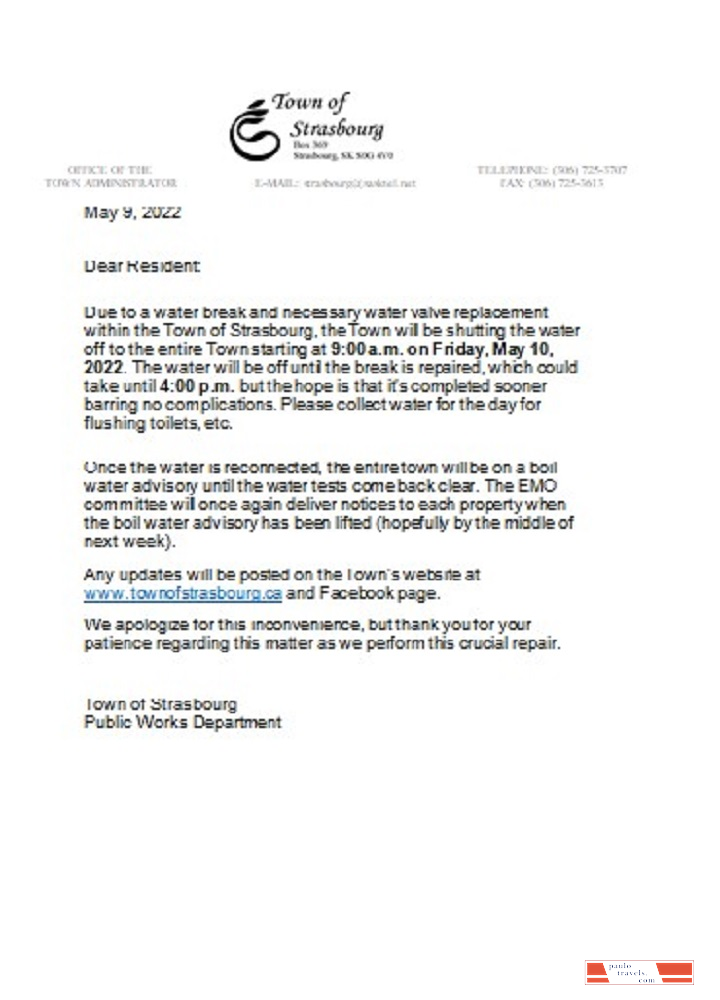 Canada Saskatchewan Town of Strasbourg water utility shut off notice